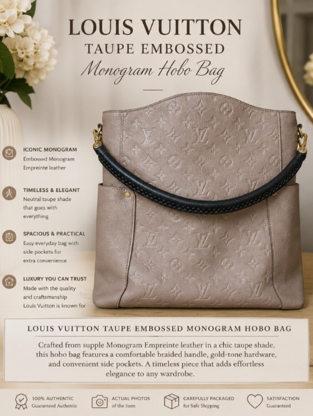 Louis Vuitton Taupe Embossed Monogram Hobo Bag